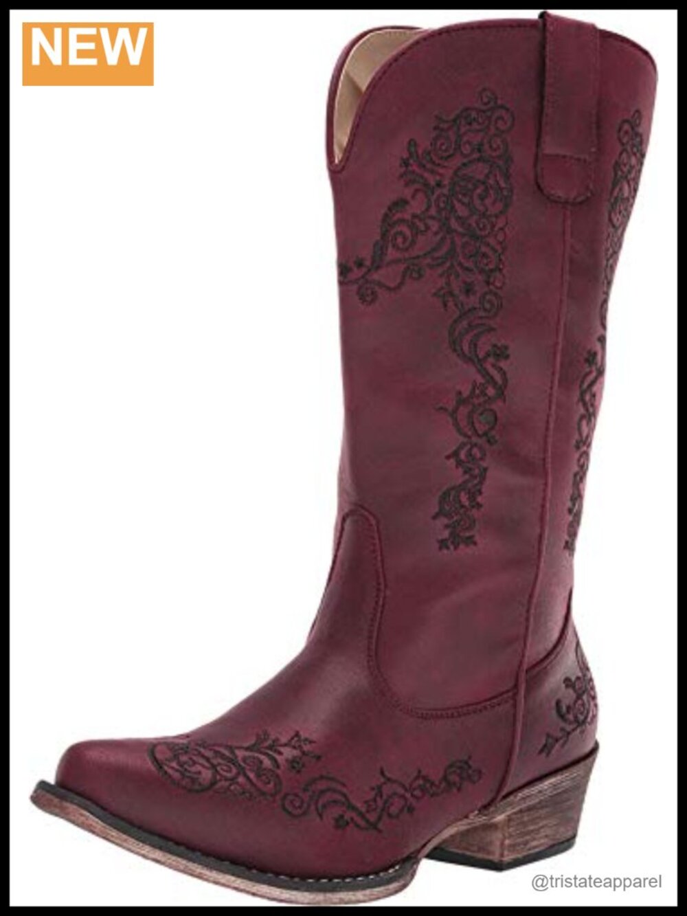 Roper Women's Riley Scroll Western Boots Faux Leather Pull-On Embroidered